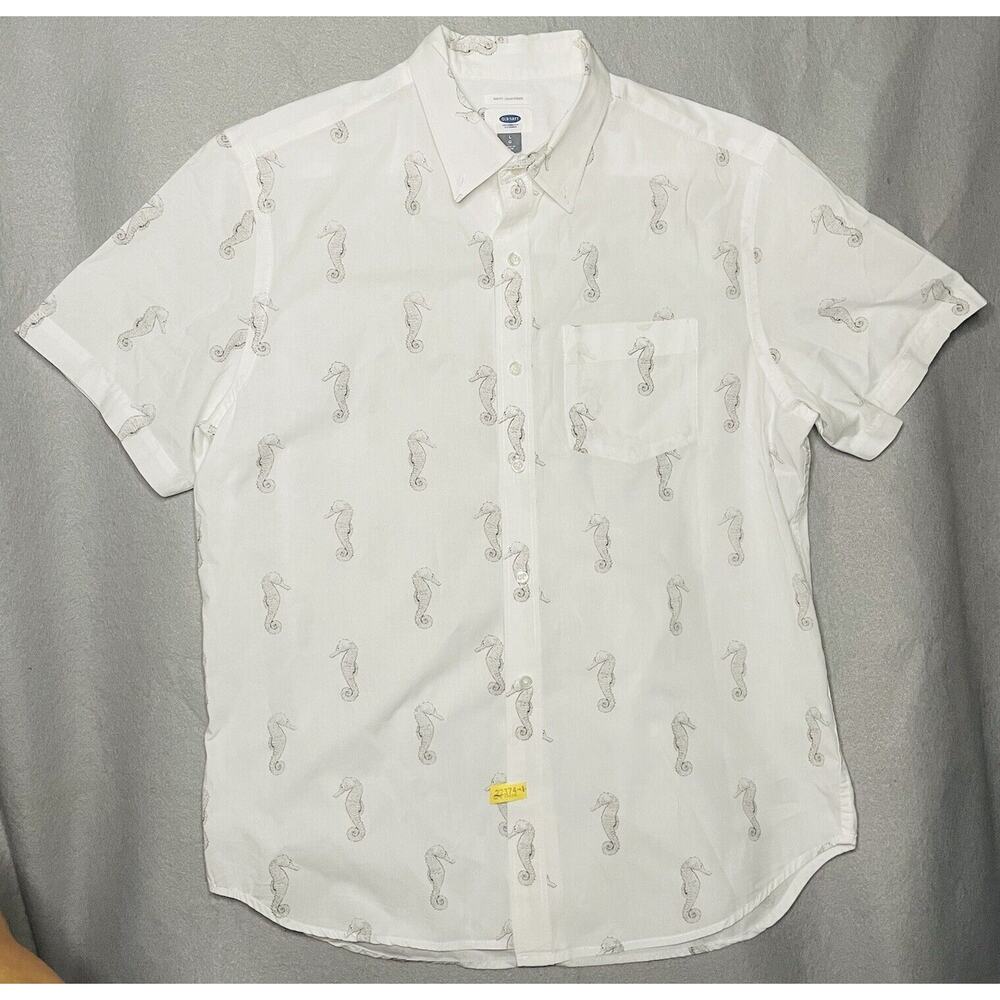 Old Navy Men's Button Down Large Shirt Seahorse Print Slim Fit L
